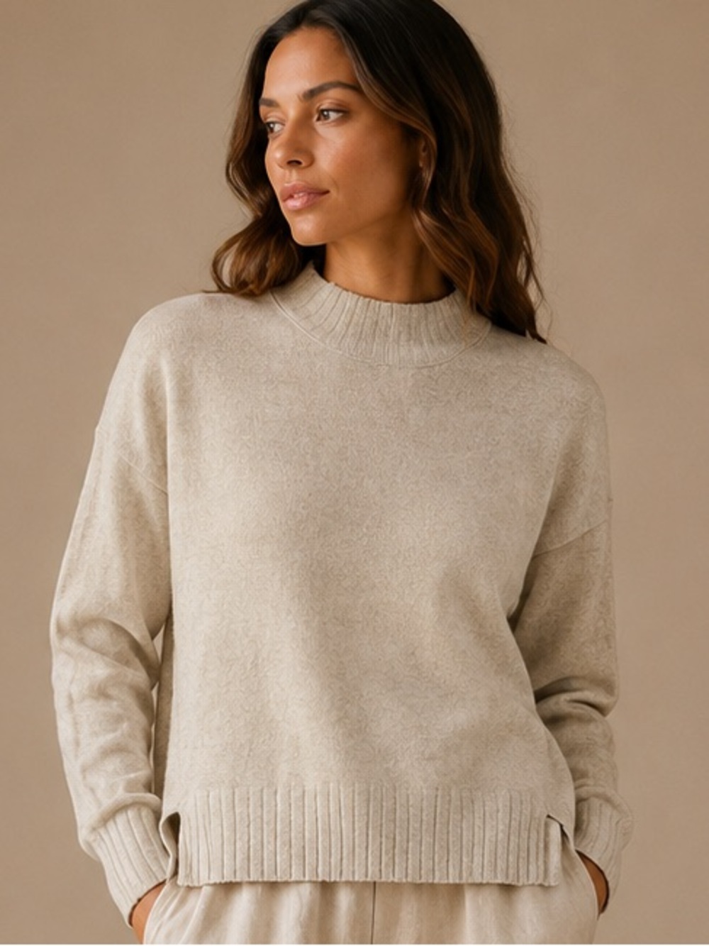 Double Zero Beige Oversized Mock Neck Sweater Women's Lovely Large Cozy Knit